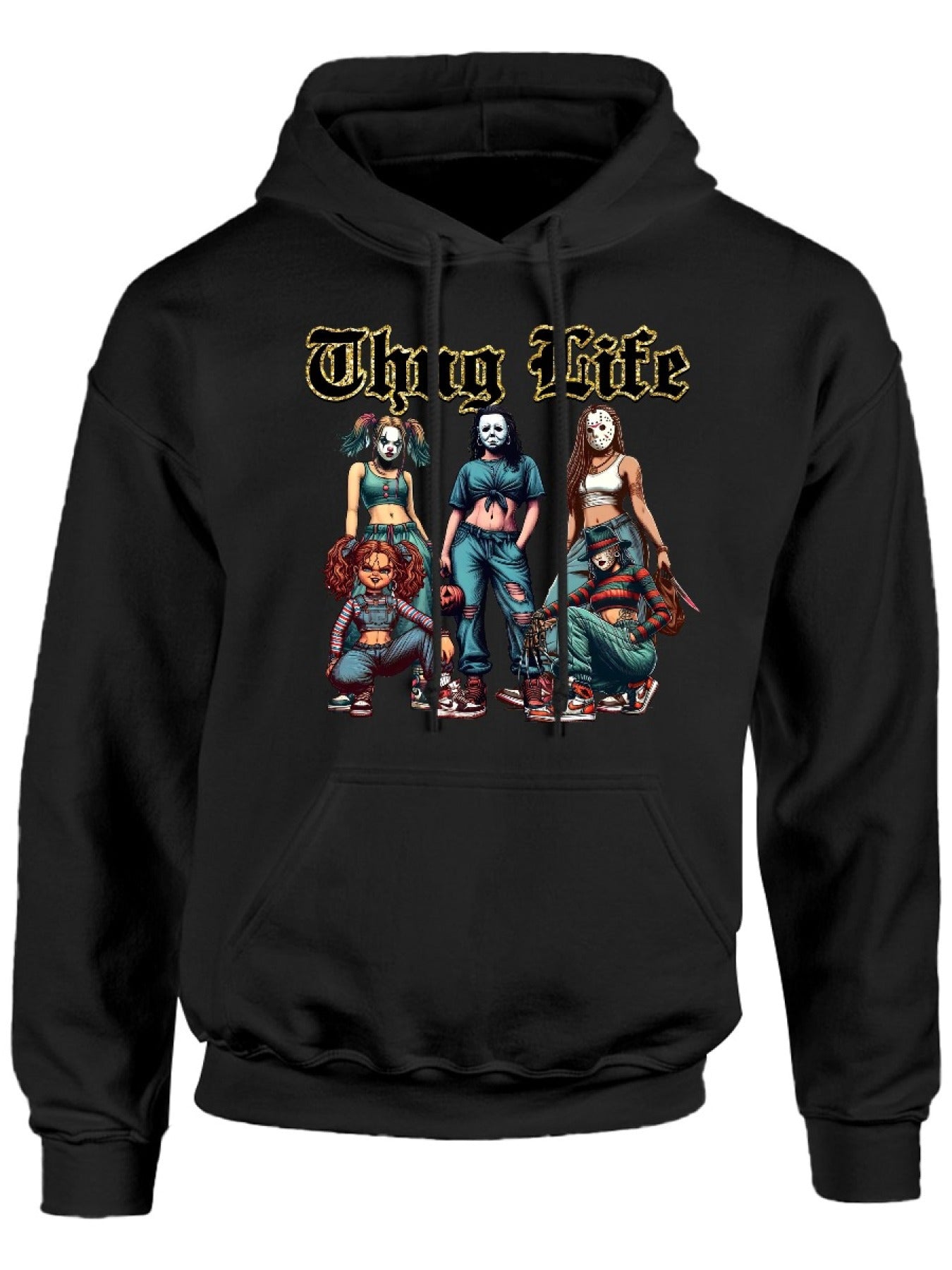 Thug Life Of Horror Girl T, Street Style Design Cozy Classic Print Pullover Hoodie, Casual Long Sleeve Crew Neck Hoodie
