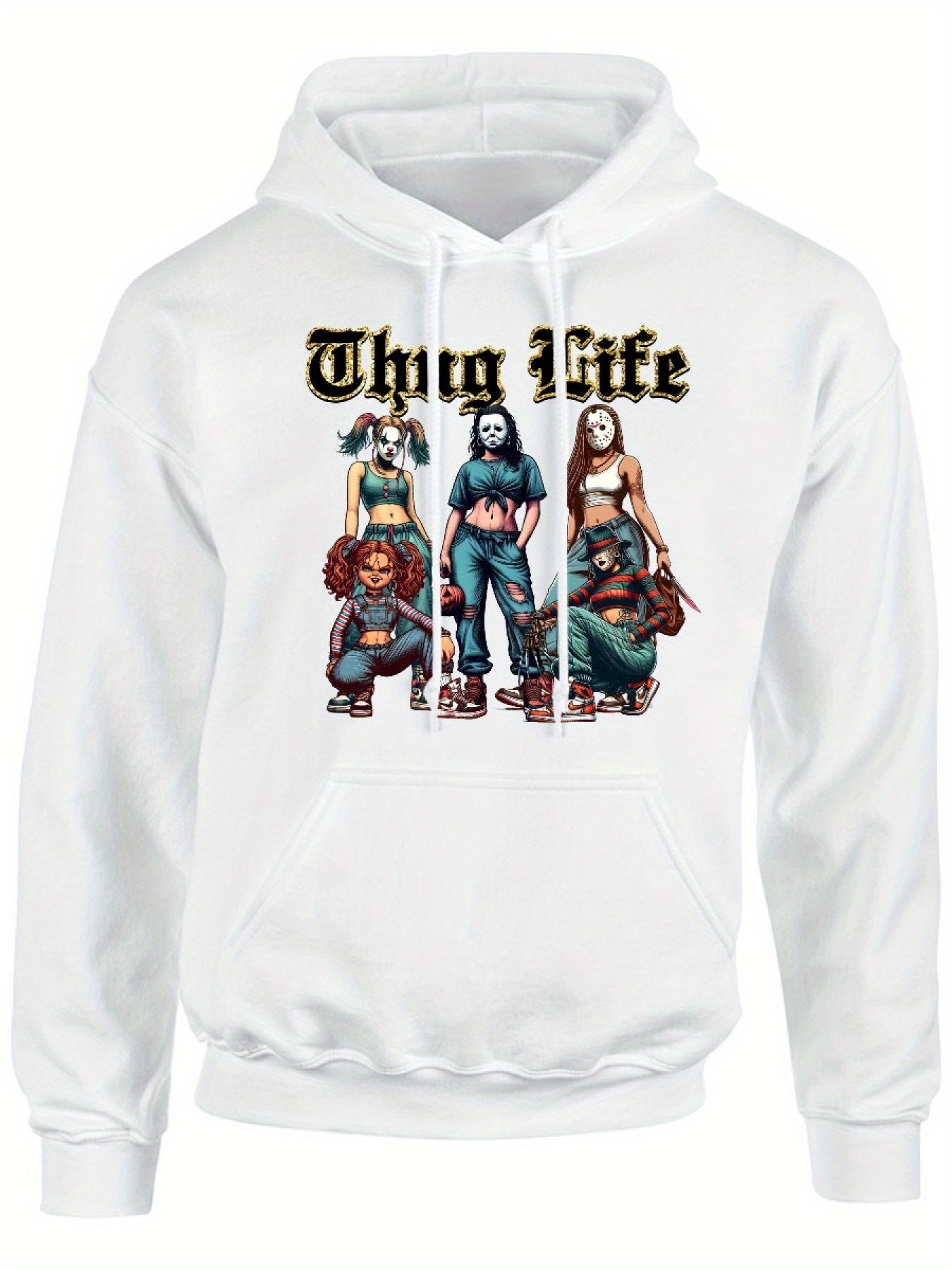Thug Life Of Horror Girl T, Street Style Design Cozy Classic Print Pullover Hoodie, Casual Long Sleeve Crew Neck Hoodie