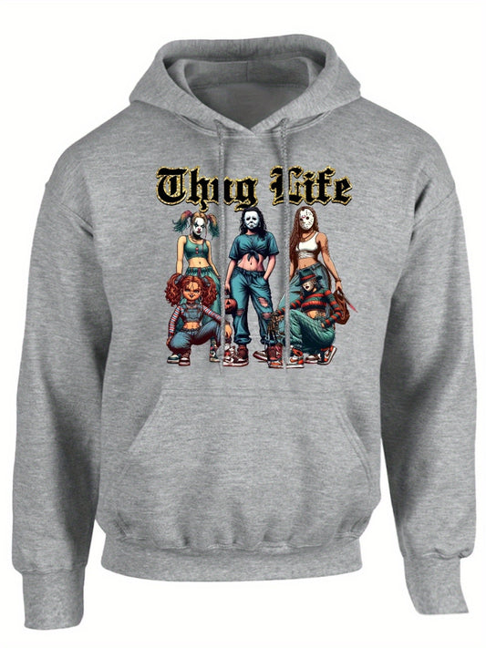 Thug Life Of Horror Girl T, Street Style Design Cozy Classic Print Pullover Hoodie, Casual Long Sleeve Crew Neck Hoodie