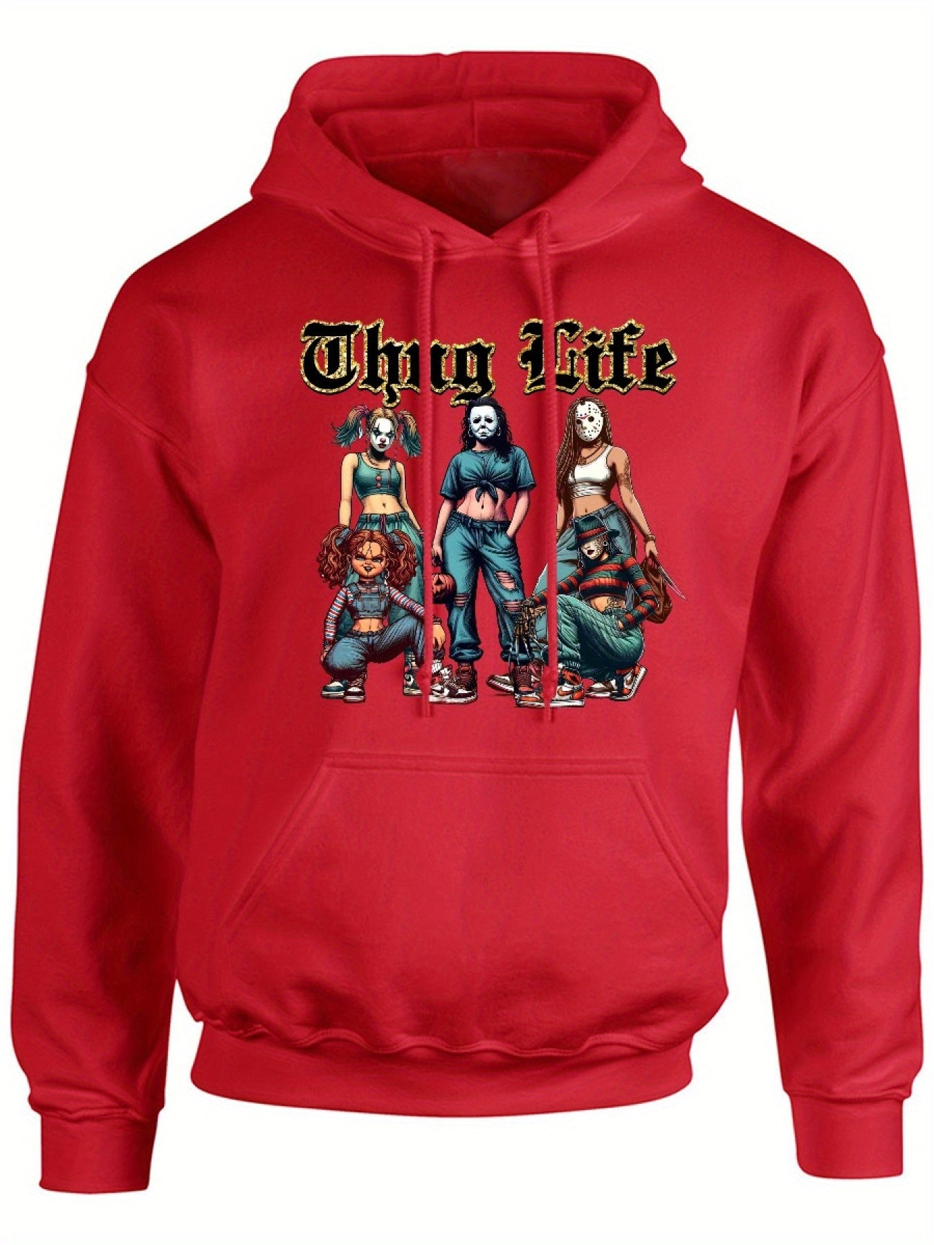 Thug Life Of Horror Girl T, Street Style Design Cozy Classic Print Pullover Hoodie, Casual Long Sleeve Crew Neck Hoodie