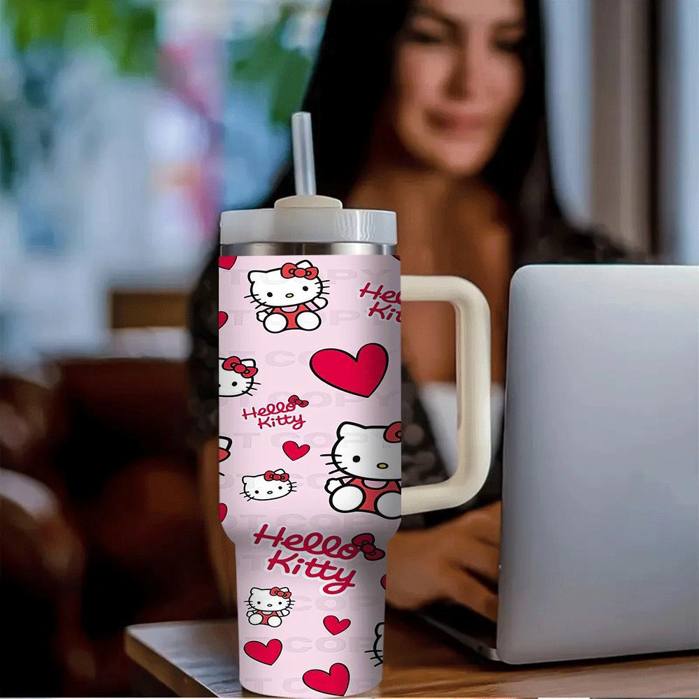 1pc Sanrio Hello Kitty 40oz Stainless Steel Insulated Water Bottle with Handle and Straw, Portable Drinkware for Car, Home, Office, Travel - Summer Beverage Cup, Birthday Gift Idea