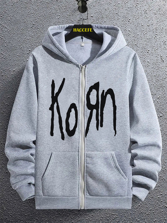 1pc Men'S Fashion Casual Pullover Hoodie with Letter Print, Long Sleeve Zip-Up Hooded Jacket with Kangaroo Pocket, Polyester Stretch Fabric, Regular Fit for All Seasons