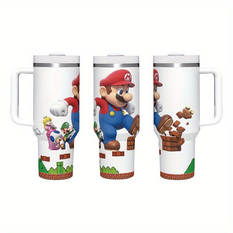 Super Mario 40oz Stainless Steel Tumbler with Handle - Leakproof, Reusable & Durable - Perfect for Hot & Cold Drinks - Ideal Gift for Family & Friends - Includes Straw & Lid - Great for Outdoor Camping, Driving & Travel