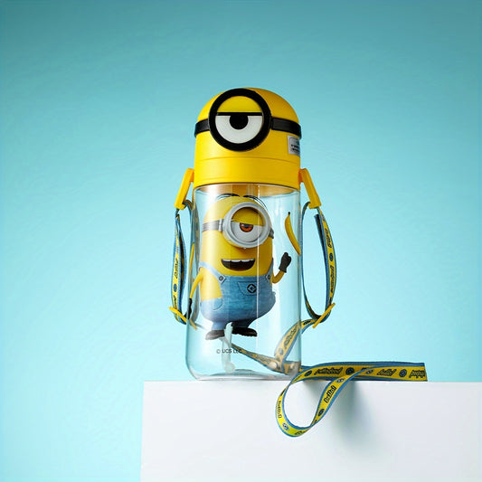 1pc MINIONS Licensed Plastic Water Bottle with Straw and Adjustable Shoulder Strap, Portable Cartoon Character Drink Flask for Parties and Outdoors, 600mL Capacity