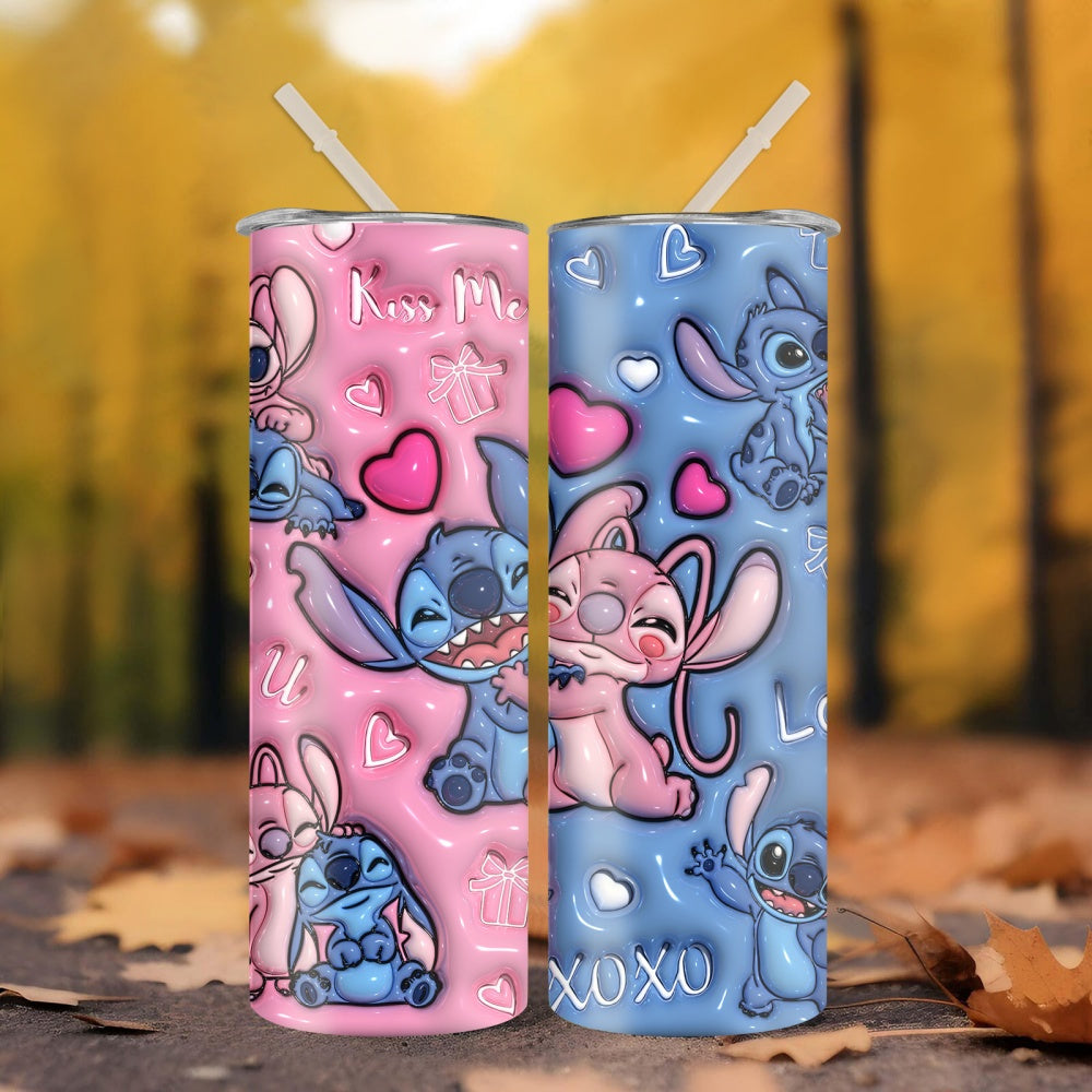 Stitch & Angel 20oz Insulated Tumbler - Love You Kiss Me Design, Stainless Steel with Straw for Fitness, Travel, Driving & Home Use