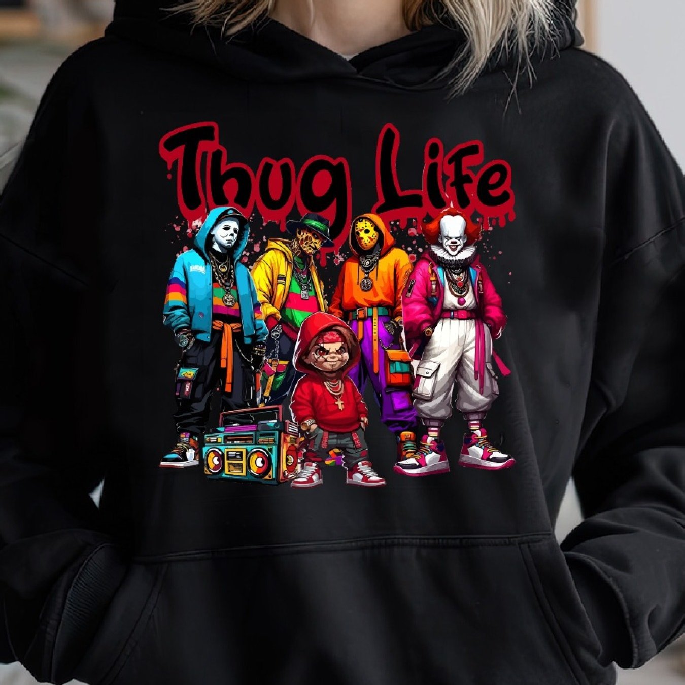 Casual Long Sleeve Thug Life Horrors Hip Hop Cozy Classic Print Pullover Hoodie for Sports