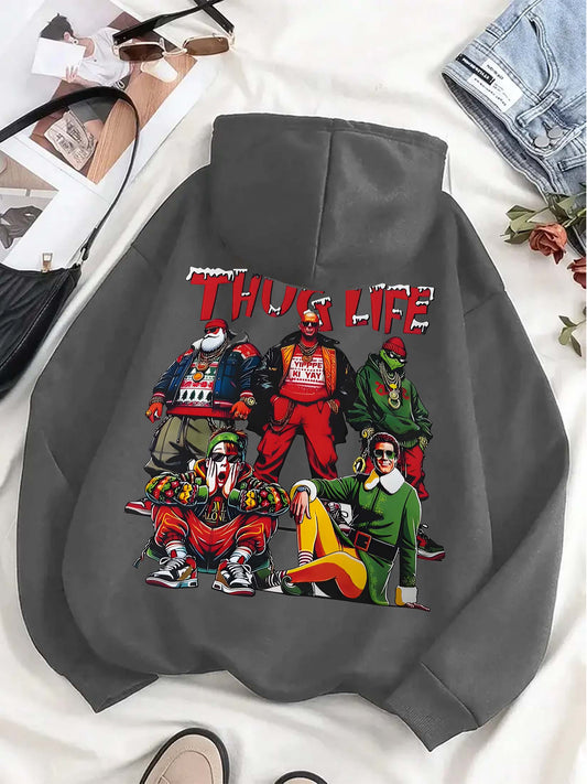 Men'S Casual Hooded Sweatshirt with Thug Life Graphic Print, Polyester Knit Fabric, Regular Fit, with Drawstring Hood, Slight Stretch, Alphabet Pattern for Fall/Winter