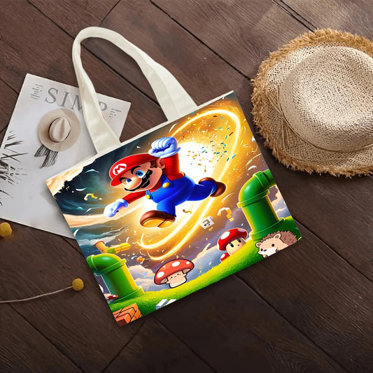 1pc SUPER MARIO Cartoon Print Tote Bag, Large Capacity Polyester Shoulder Bag with Classic Video Game Theme, Ideal for Work, College, Grocery Shopping, Fits Various Occasions Including Birthdays, Housewarming, Bachelor Partie