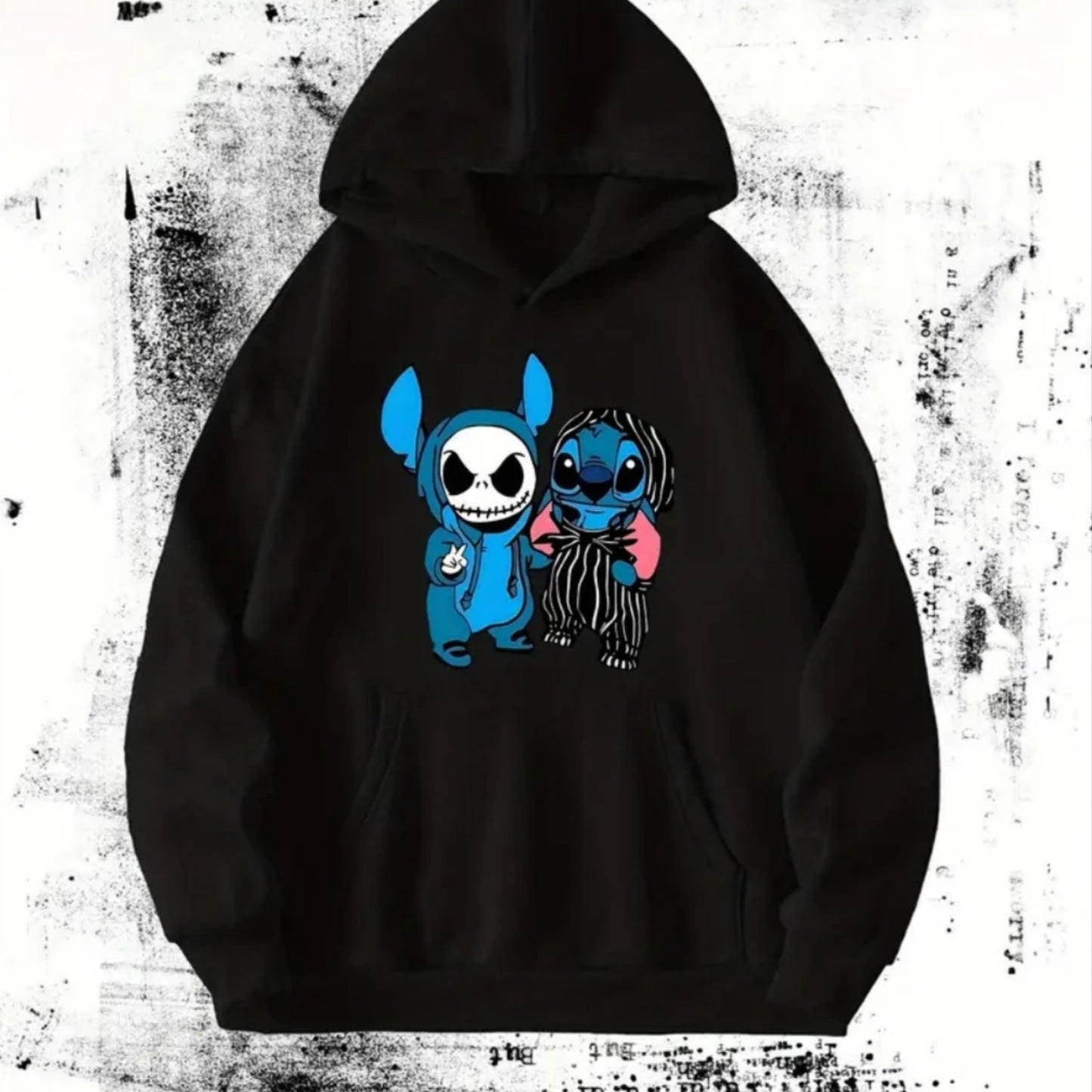 Fleece Hooded Sweatshirt with Rope 270G Black And White European And American Street Cartoon Hip Hop Style Solid Color Trendy Brand Loose Fleece Jacket Christmas And New Year Gift Men'S Casual Stitch Skeleton Hoodie