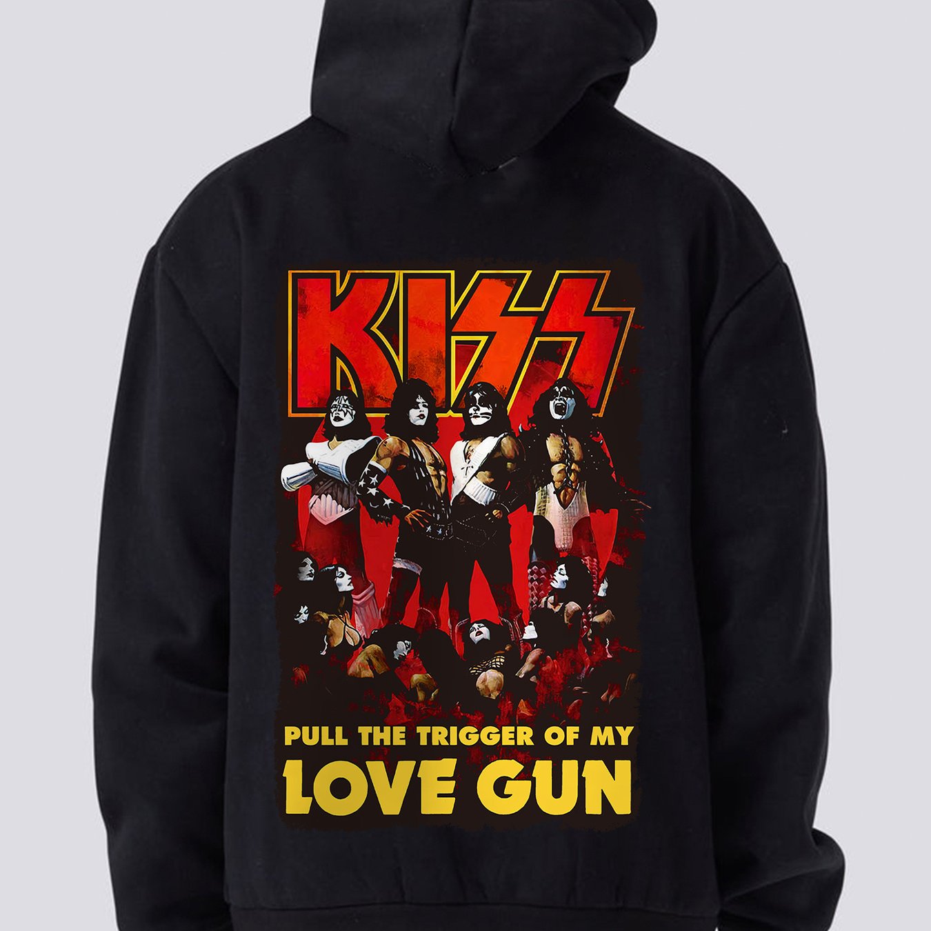 1pc Rock Band Iconic Love Gun Printed Hoodie - Casual Crew Neck Long Sleeve Sweatshirt with Slight Stretch, Digital Heat Transfer, Knit Fabric, for Outdoors, Weekend Casual - Cotton Hoodie for Teens, Couples, Fall/Winter