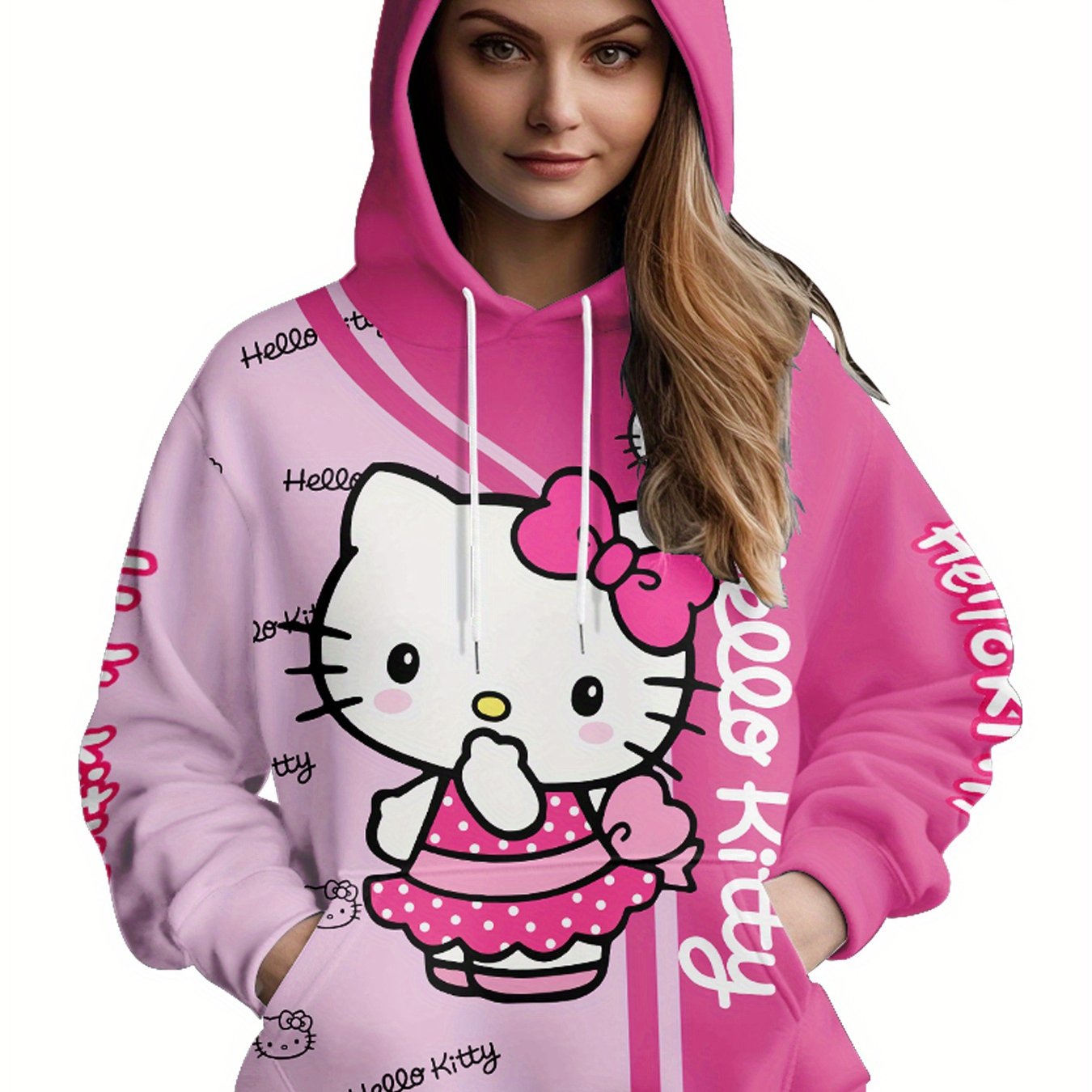 Hello Kitty Cozy Hoodie for Women - Casual Long Sleeve with Pockets, Soft Polyester Knit, Machine Washable - Perfect for Fall/Winter, Novelty Cat, Sweatshirt