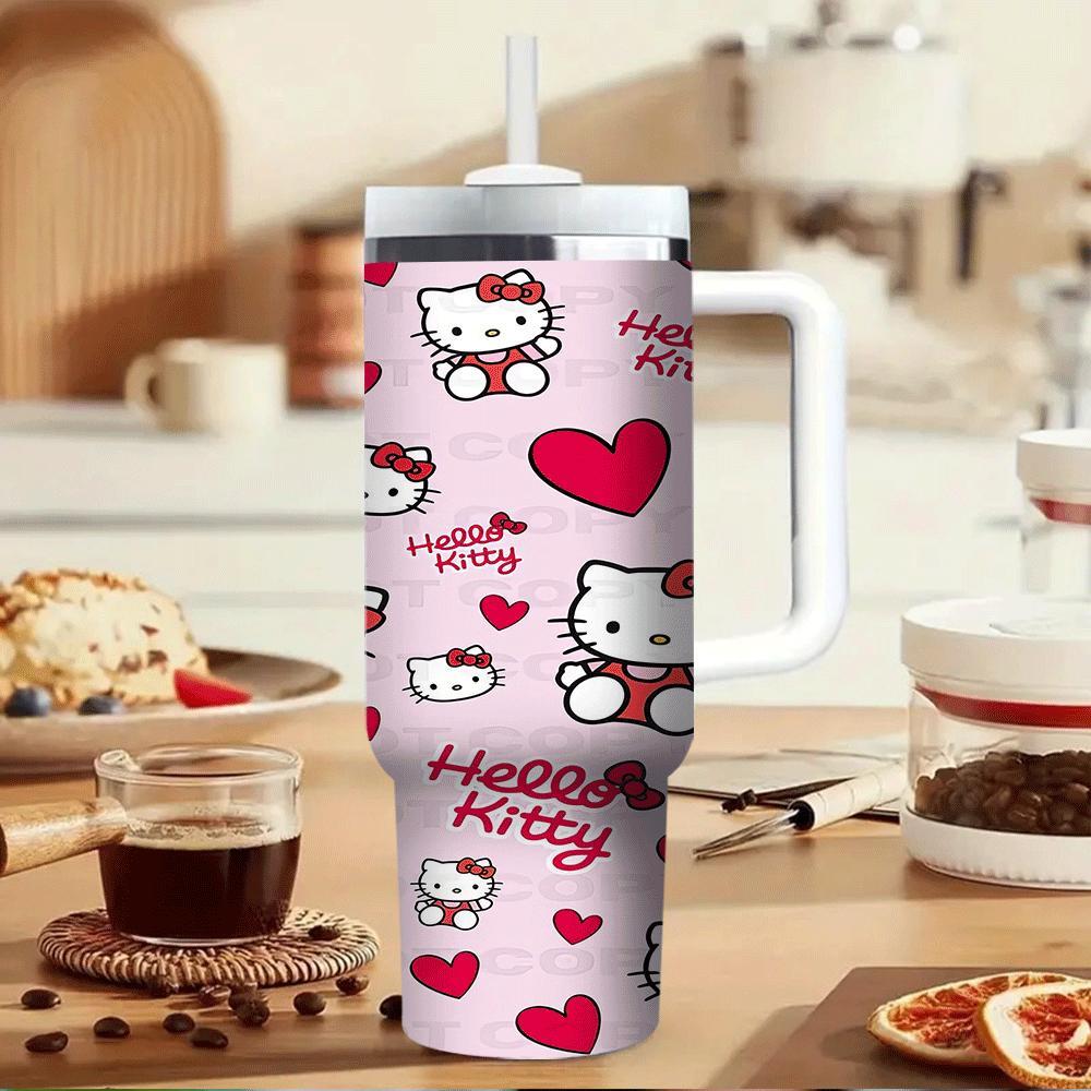 1pc Sanrio Hello Kitty 40oz Stainless Steel Insulated Water Bottle with Handle and Straw, Portable Drinkware for Car, Home, Office, Travel - Summer Beverage Cup, Birthday Gift Idea