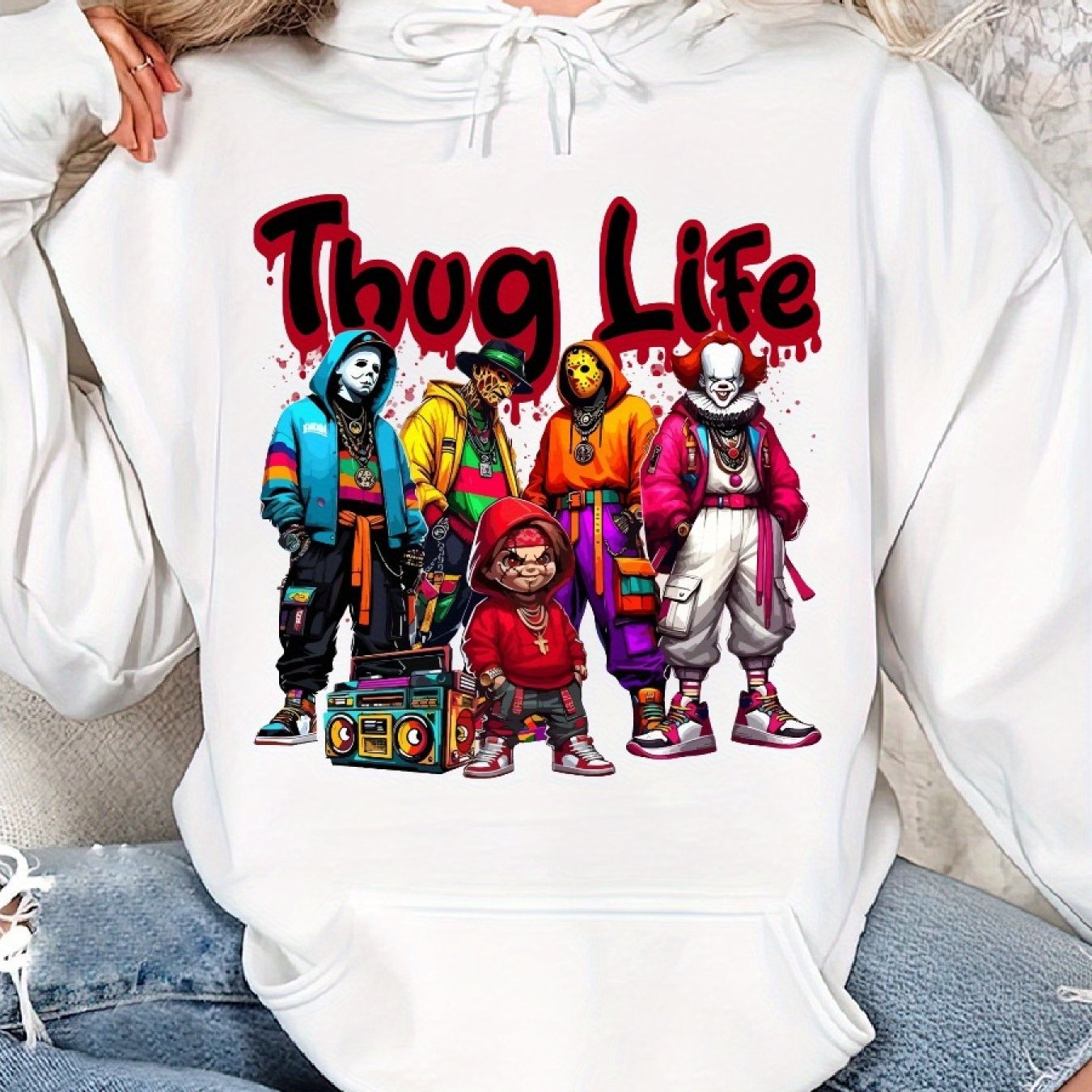 Casual Long Sleeve Thug Life Horrors Hip Hop Cozy Classic Print Pullover Hoodie for Sports