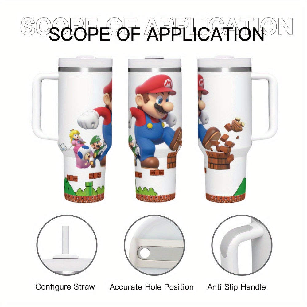 Super Mario 40oz Stainless Steel Tumbler with Handle - Leakproof, Reusable & Durable - Perfect for Hot & Cold Drinks - Ideal Gift for Family & Friends - Includes Straw & Lid - Great for Outdoor Camping, Driving & Travel