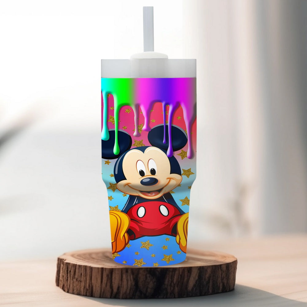 Disney Mickey Mouse & Stars 14oz Stainless Steel Tumbler with Straw, Insulated Travel Mug for Car & Home Use, Hand Wash Only, BPA-Free, Round Shape, Ideal Ramadan Gift for Family and Friends