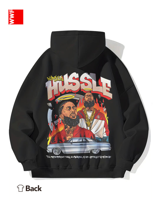 1pc Hussle BLK Graphic Hoodie for Men and Women - Cotton Blend Street Style Pullover with Drawstring, Long Sleeve, Kangaroo Pocket - Digital Heat Transfer Portrait Design, Regular Fit Hooded Sweatshirt for Casual Daily Wear
