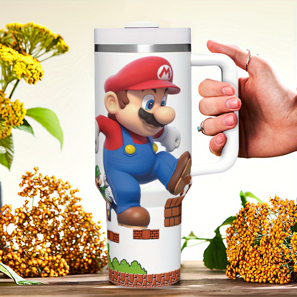 Super Mario 40oz Stainless Steel Tumbler with Handle - Leakproof, Reusable & Durable - Perfect for Hot & Cold Drinks - Ideal Gift for Family & Friends - Includes Straw & Lid - Great for Outdoor Camping, Driving & Travel