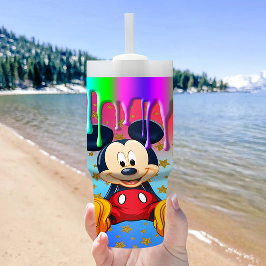 Disney Mickey Mouse & Stars 14oz Stainless Steel Tumbler with Straw, Insulated Travel Mug for Car & Home Use, Hand Wash Only, BPA-Free, Round Shape, Ideal Ramadan Gift for Family and Friends
