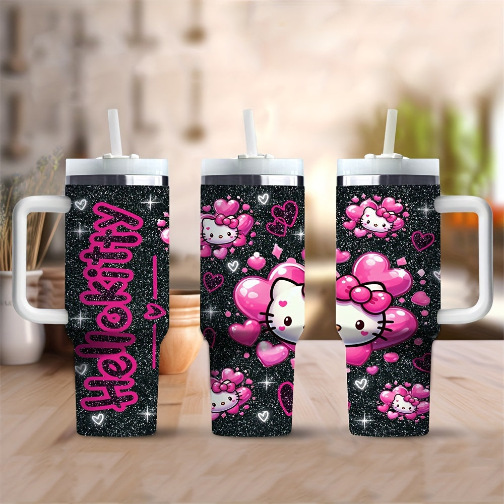 Hello Kitty 40oz Stainless Steel Insulated Water Bottle with Straw and Handle, BPA-Free, Round Shape, Hand Wash Only, Ideal for Coffee, Milk, Beer, and Beverages, Perfect Christmas Gift for Family and Friends
