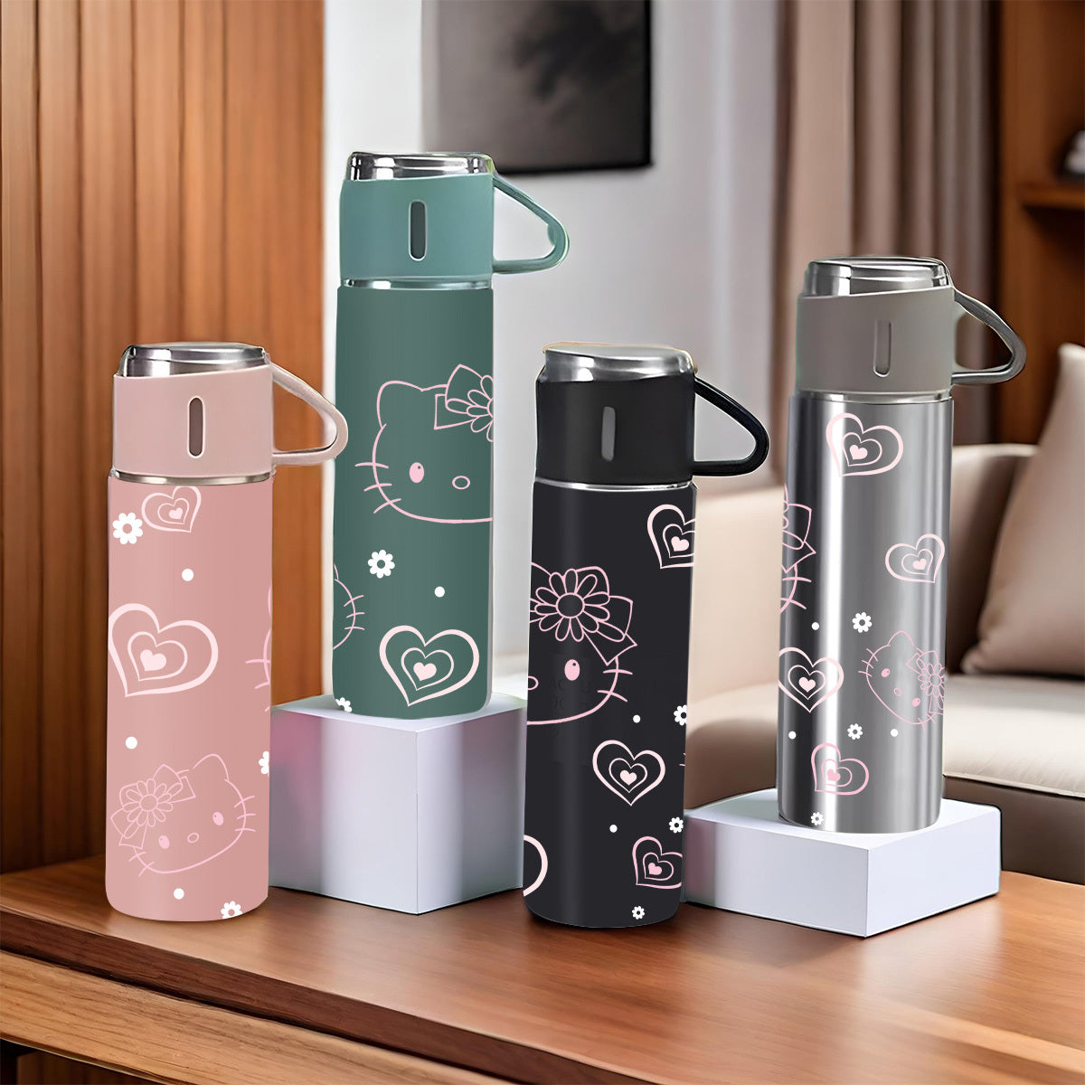 1pc Sanrio Hello Kitty Insulated Water Bottle and Cup Set, 304 Stainless Steel, Non-Skid, Heat Resistant, Washable, Ideal for Office, Camping, Indoor Use - Pink, Grey, Blue