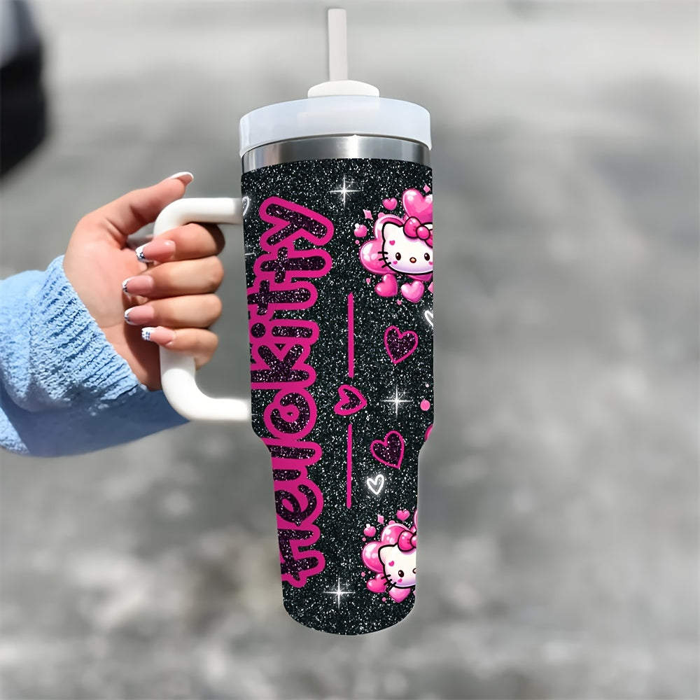 Hello Kitty 40oz Stainless Steel Insulated Water Bottle with Straw and Handle, BPA-Free, Round Shape, Hand Wash Only, Ideal for Coffee, Milk, Beer, and Beverages, Perfect Christmas Gift for Family and Friends