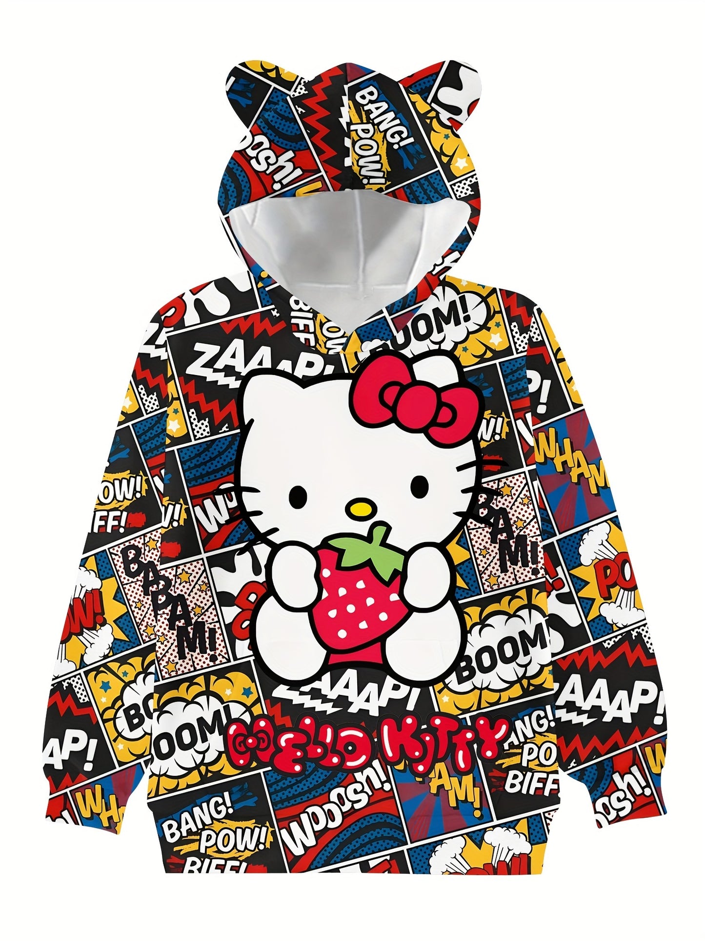 Sanrio Hello Kitty Hoodie for Girls - Cozy & Stylish Long Sleeve Pullover with 3D Cat Ears and Large Pockets, Perfect for All Seasons