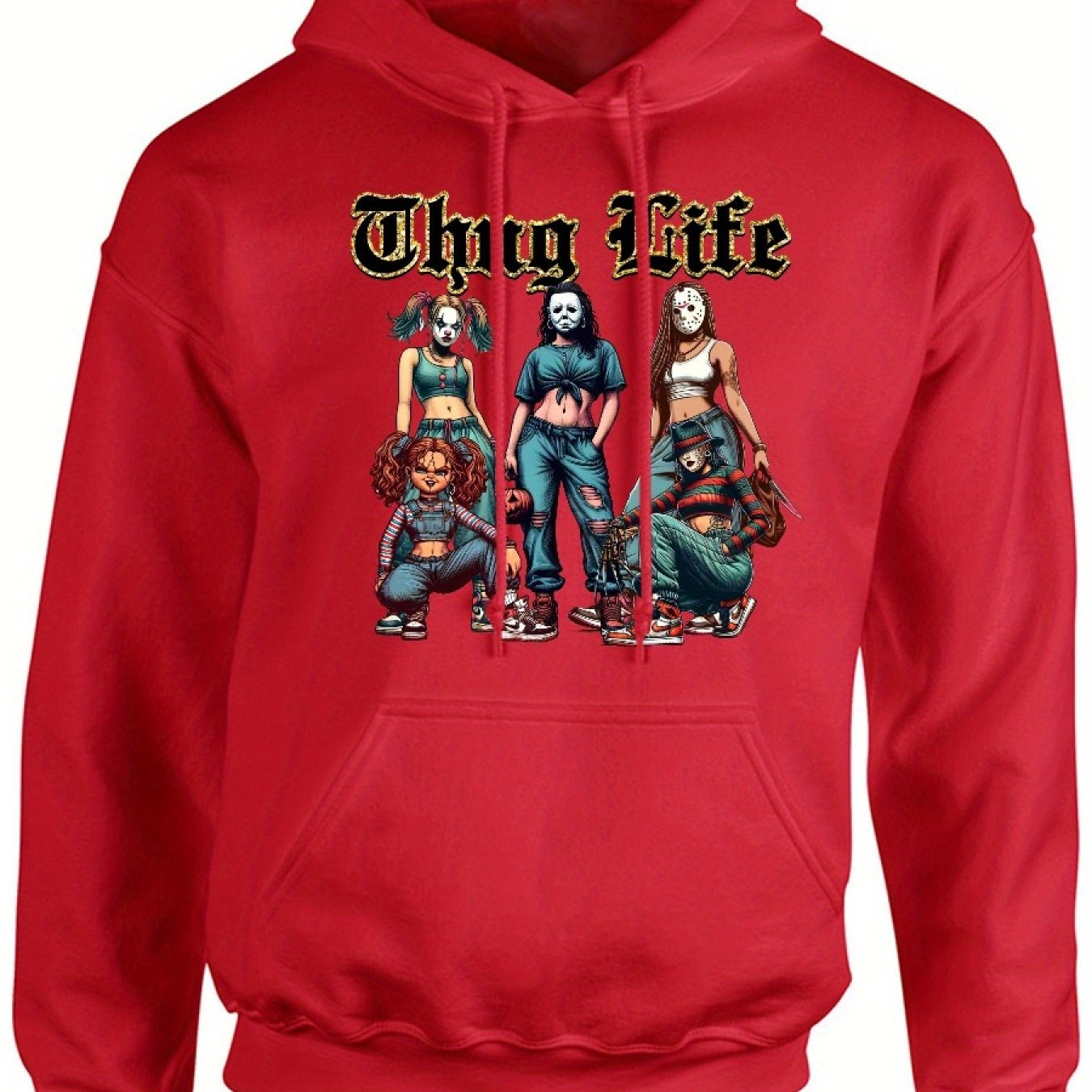 Thug Life Of Horror Girl T, Street Style Design Cozy Classic Print Pullover Hoodie, Casual Long Sleeve Crew Neck Hoodie