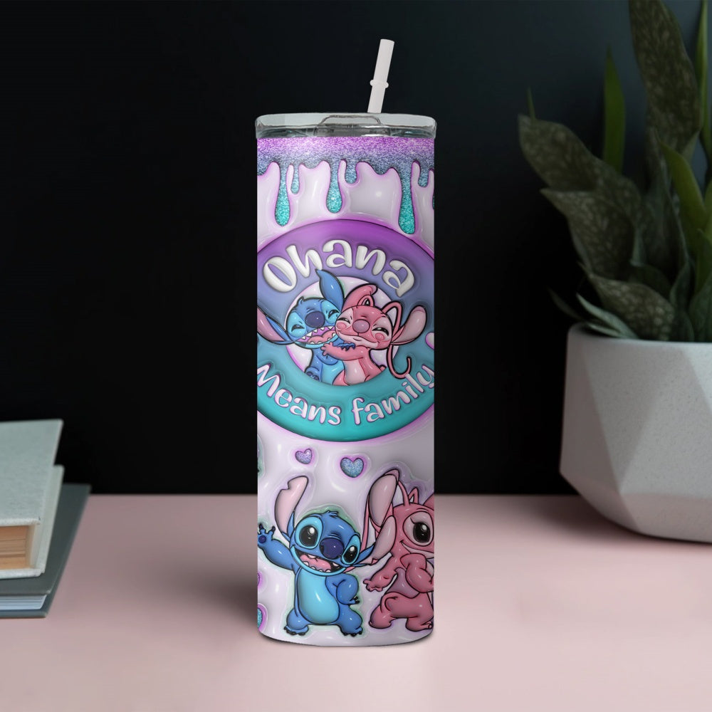 20oz Stainless Steel Tumbler with Straw - Insulated Water Bottle with Stitch & Angel Design, Perfect for Car & Home Use, BPA-Free, Hand Wash Only, Coffee Cup, Ohana Means Family