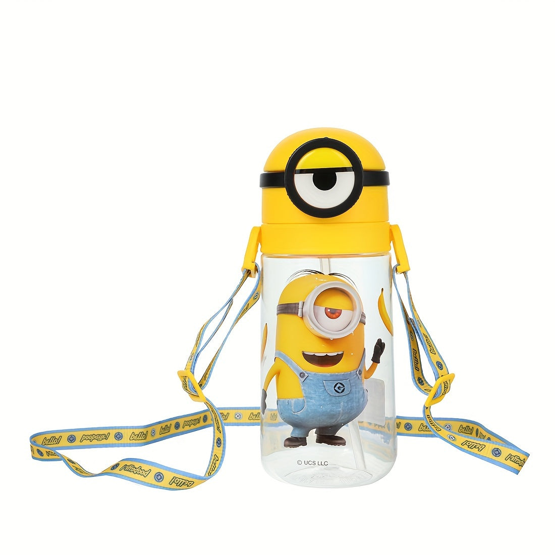 1pc MINIONS Licensed Plastic Water Bottle with Straw and Adjustable Shoulder Strap, Portable Cartoon Character Drink Flask for Parties and Outdoors, 600mL Capacity