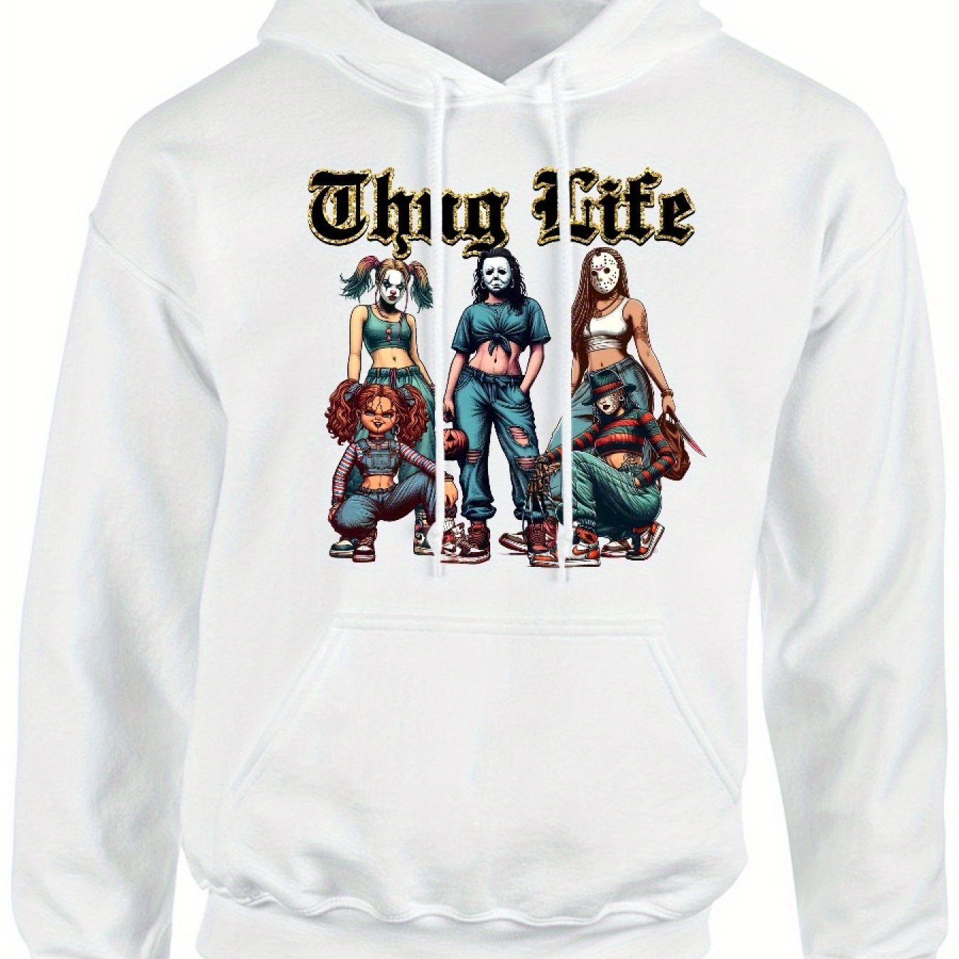 Thug Life Of Horror Girl T, Street Style Design Cozy Classic Print Pullover Hoodie, Casual Long Sleeve Crew Neck Hoodie