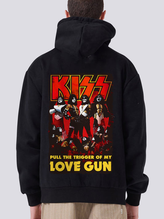 1pc Rock Band Iconic Love Gun Printed Hoodie - Casual Crew Neck Long Sleeve Sweatshirt with Slight Stretch, Digital Heat Transfer, Knit Fabric, for Outdoors, Weekend Casual - Cotton Hoodie for Teens, Couples, Fall/Winter