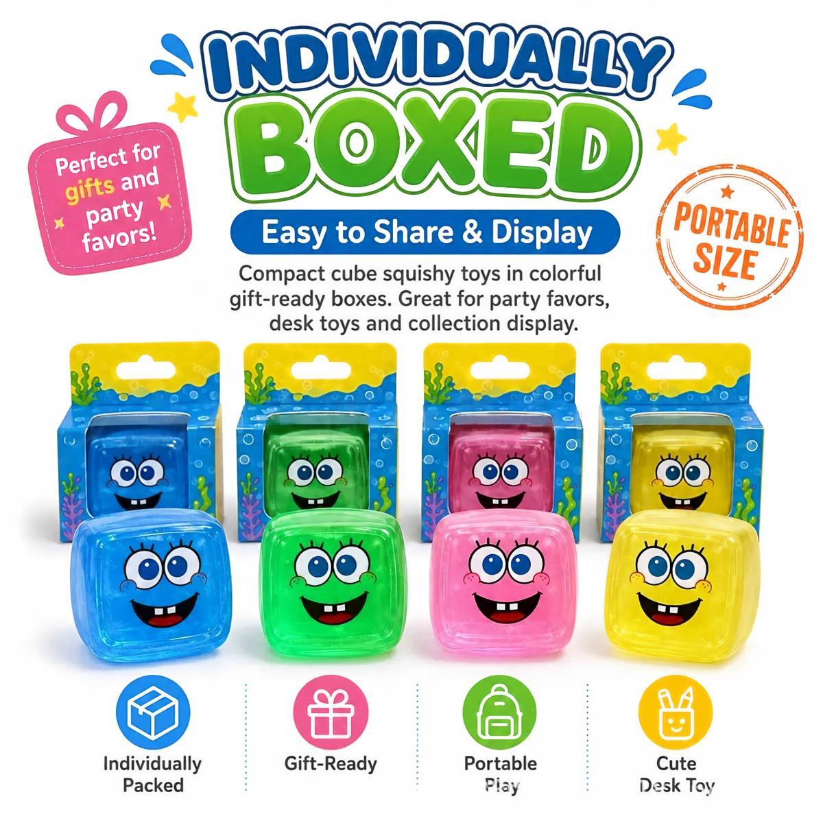 Individually Boxed Cube Squishy Toys – 4-Pack Assorted Colors