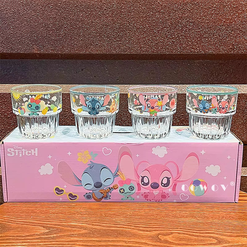 🌺💙 Disney Stitch & Angel Glass Cup Set – 4pc Collector’s Edition