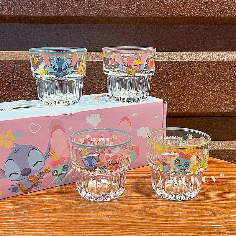 🌺💙 Disney Stitch & Angel Glass Cup Set – 4pc Collector’s Edition