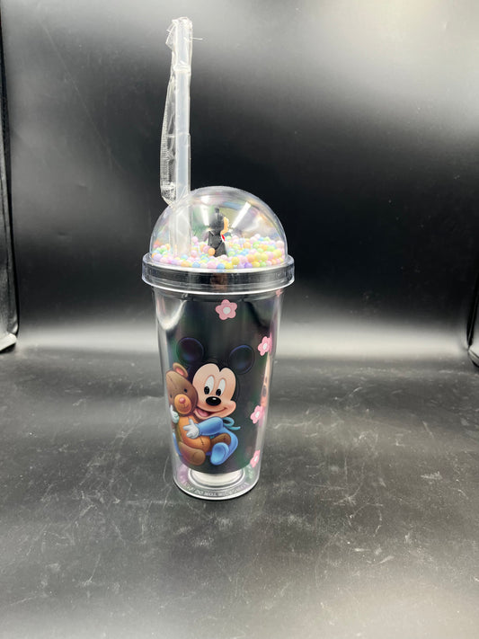 “Animated Character Double-Wall Tumbler with Straw and Floating Beads”