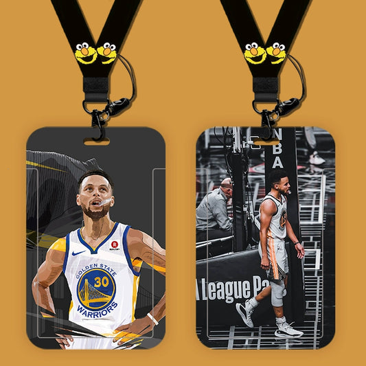 Men's NBA Curry Basketball Star Student Card Holder, Meal Card, School Card Set with Bus Pass, Neck Sling Lanyard, and Hard Case