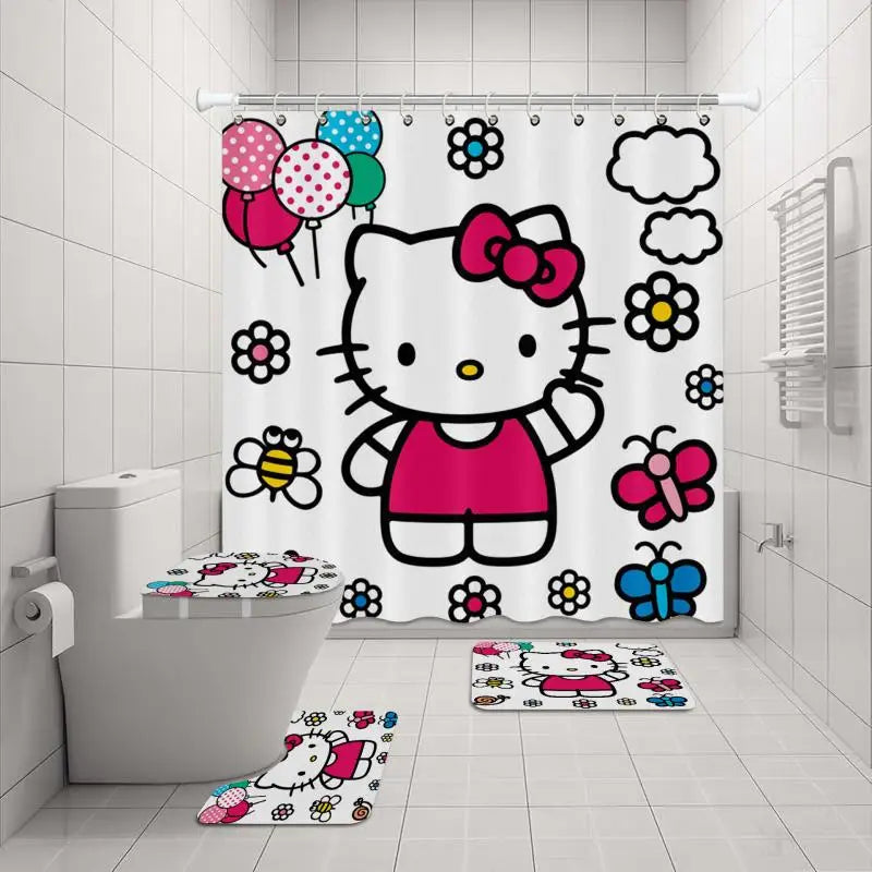 Hello Kitty 4pc  Shower Curtain Set  Shower Curtain.Carpet.Toilet Lid U-Shaped carpet.