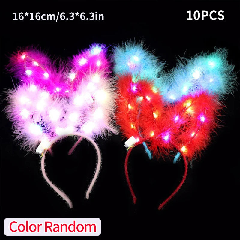 10Pcs LED Glow Cat Bunny Ear Horn Hairband Light Up Flower Rattan Headband Women Girl LED Neon Birthday Wedding Party Supplies