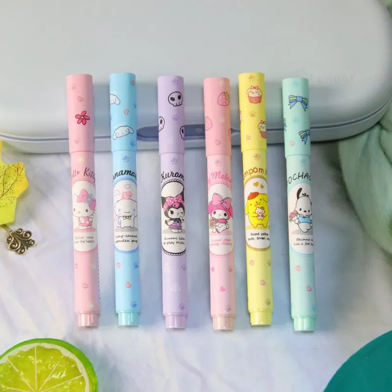 Sanrio  6Pcs Hello Kitty Highlighter Pen Set Kawaii Kuromi Cinnamoroll  My Melody Art Fluorescent Markers Pens School Office Sta