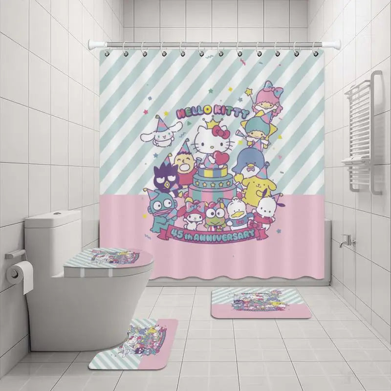 Hello Kitty 4pc  Shower Curtain Set  Shower Curtain.Carpet.Toilet Lid U-Shaped carpet.