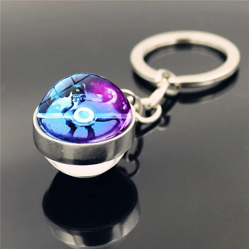 Pokemon Poke Ball Keychain Anime Pikachu Eevee Action Figures Double Sided Glass Key Ring Pendant Accessories Toys Xmas Gifts