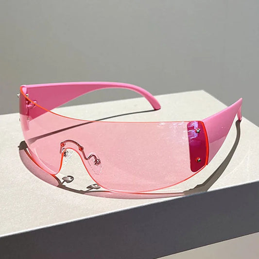 Rimless Brand Designer Sunglasses Women For Men 2023 One Piece Trending Luxury Sun Glasses Rivet Steampunk Pink Shades UV400