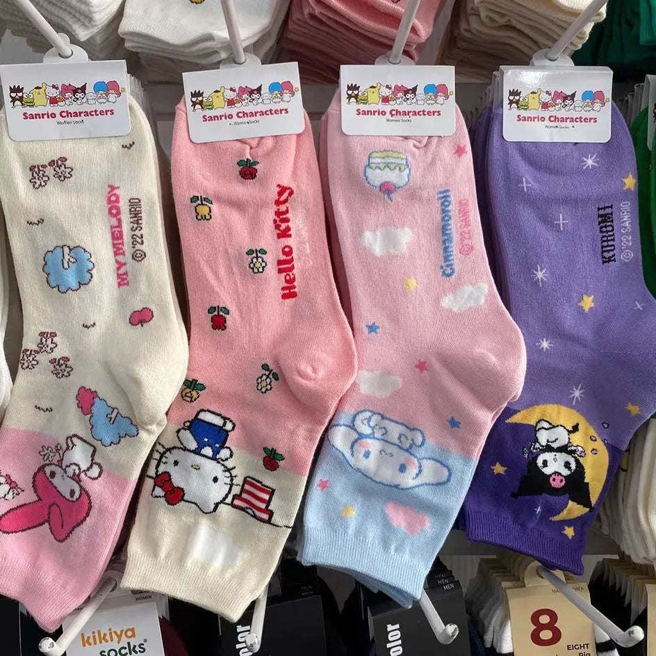 HELLO KITTY  Socks -i Hello Kitty- Kuromi- Cinnamoroll Cartoon Kawaii Student Stockings Cute Girls Cotton Home Warm Socks