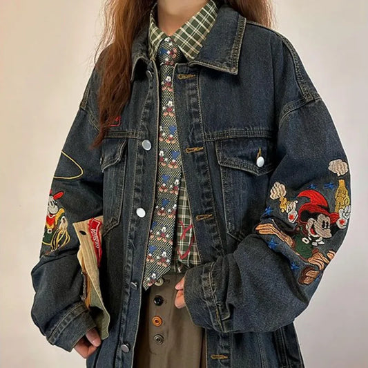 Disney Mickey Mouse American Style Vintage Denim Coat Cute Embroidered Casual Cowboy Coat Women's Autumn Loose Trendy Jacket Top