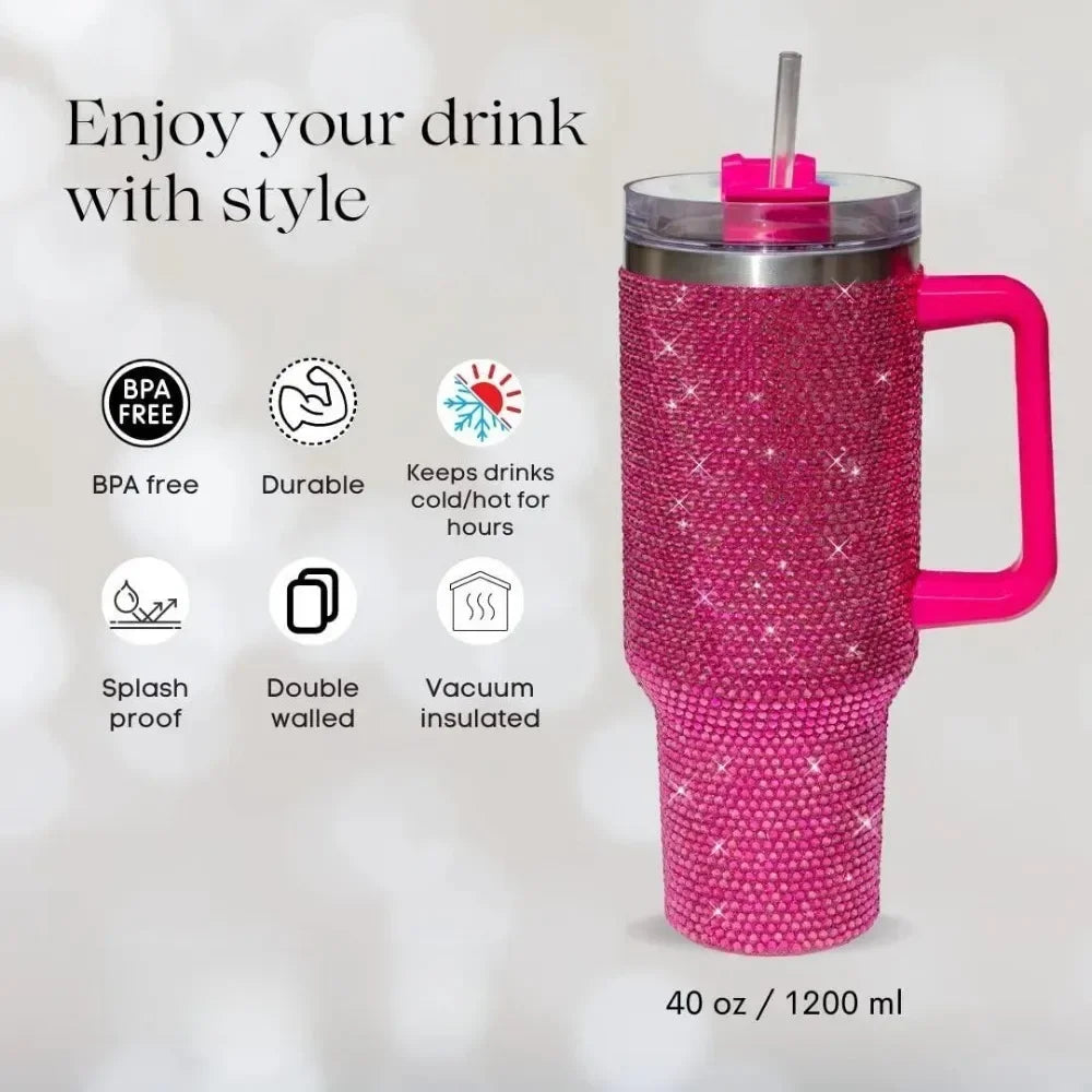 40oz Rhinestone Tumbler Straw Cup Stainless Steel Glitter Diamond Women Coffee Mug Large Travel Car Shiny Thermoses Water Bottle