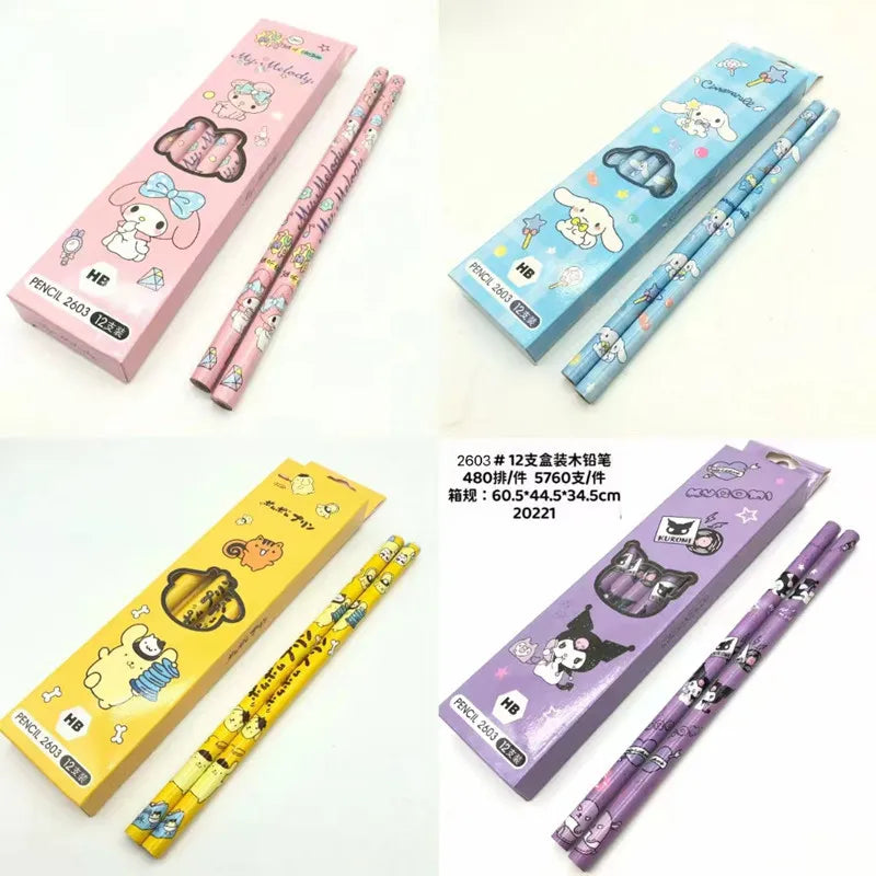 12Pcs Sanrio Pencil Cute Hello Kitty Kuromi Cinnamoroll My Melody Student Stationery School Supplies Student Prize Pencil Gifts