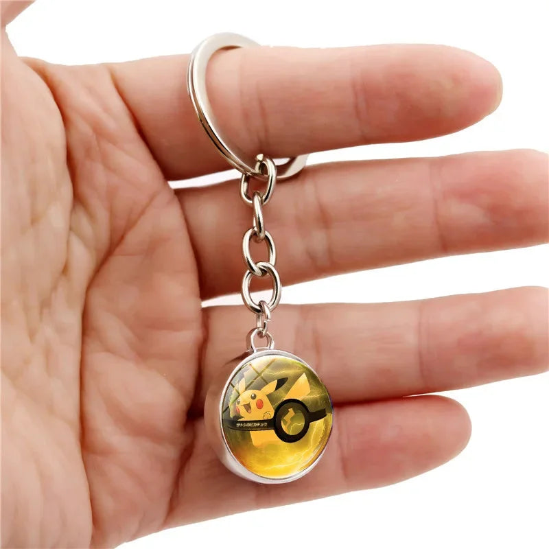 Pokemon Poke Ball Keychain Anime Pikachu Eevee Action Figures Double Sided Glass Key Ring Pendant Accessories Toys Xmas Gifts