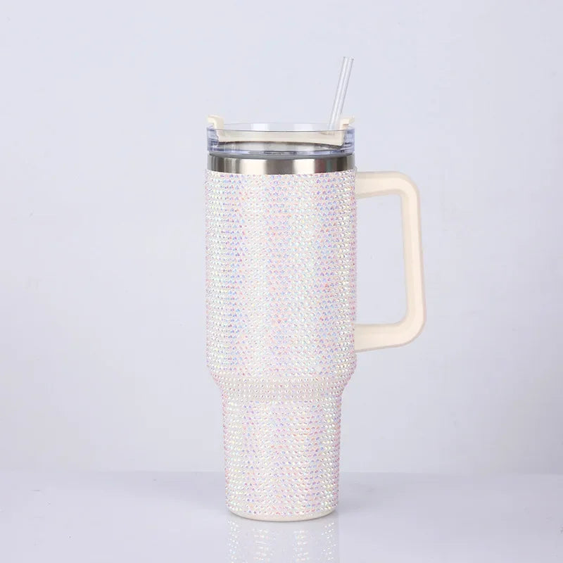 40oz Rhinestone Tumbler Straw Cup Stainless Steel Glitter Diamond Women Coffee Mug Large Travel Car Shiny Thermoses Water Bottle