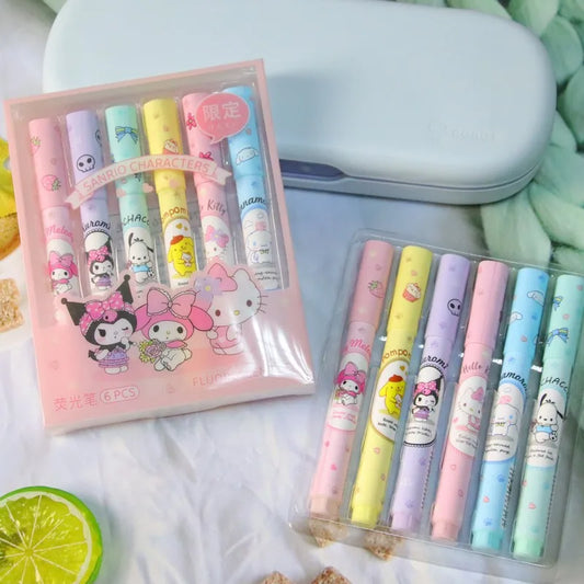 Sanrio  6Pcs Hello Kitty Highlighter Pen Set Kawaii Kuromi Cinnamoroll  My Melody Art Fluorescent Markers Pens School Office Sta