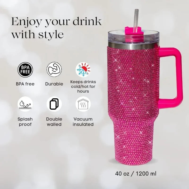 40oz Rhinestone Tumbler Straw Cup Stainless Steel Glitter Diamond Women Coffee Mug Large Travel Car Shiny Thermoses Water Bottle